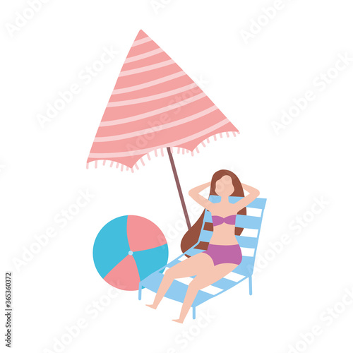 summer people activities, woman resting on chair with umbrella and ball, isolated design