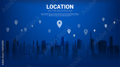 GPS pin marker with city background. concept of location and facility place , GPS technology
