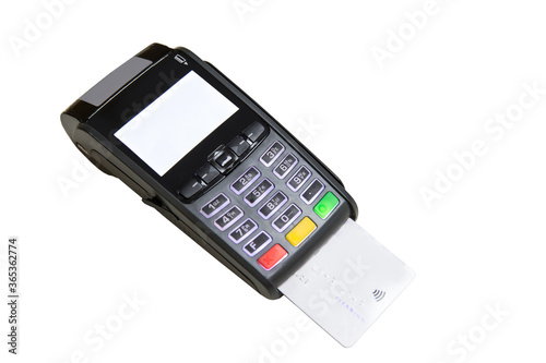 credit card swiping machine to pay. credit card swipe through terminal for payment in cafeteria.