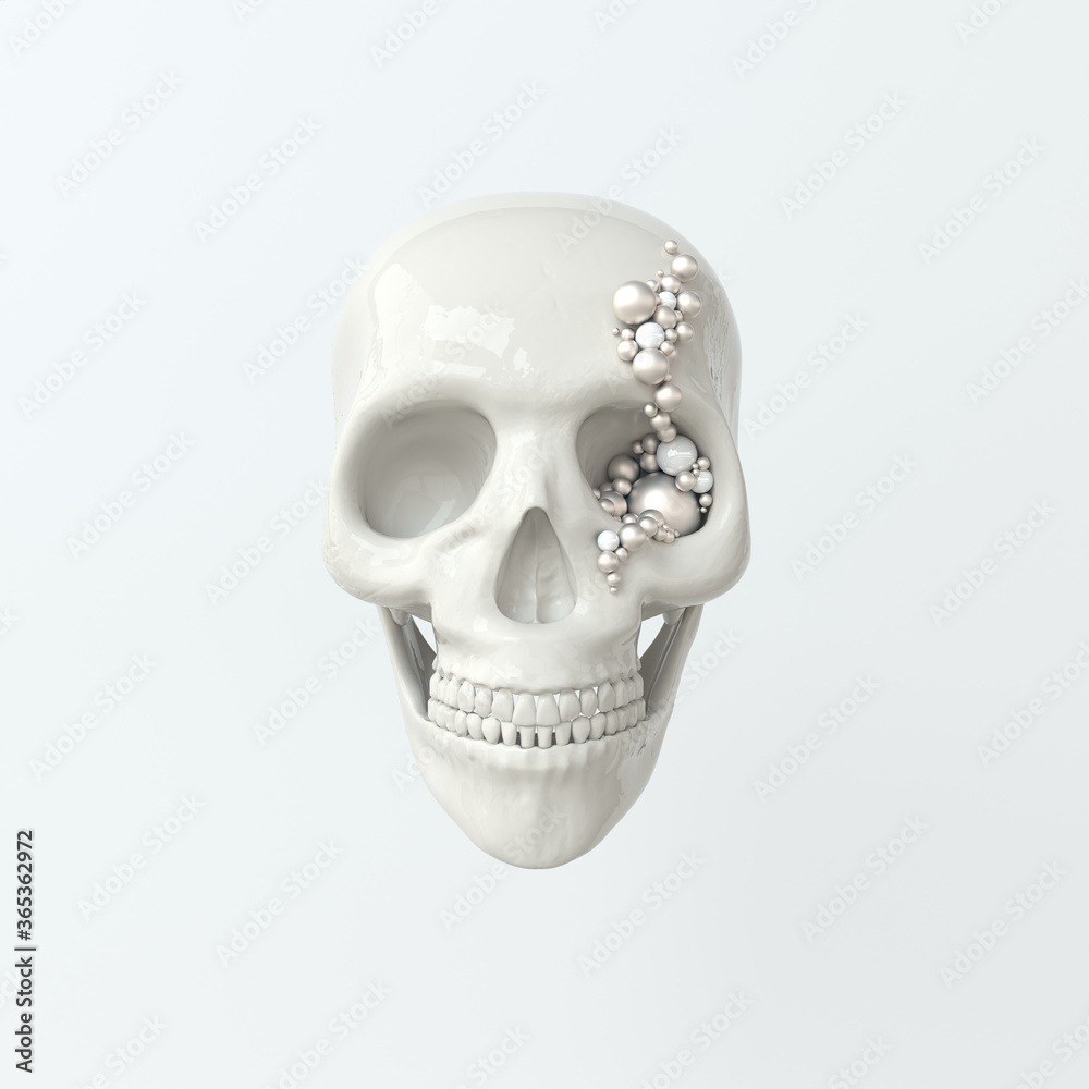 Human scull 3d rendering. White death's-head with pearl on white background Human scull 3d rendering. White death's-head with pearl on white background
