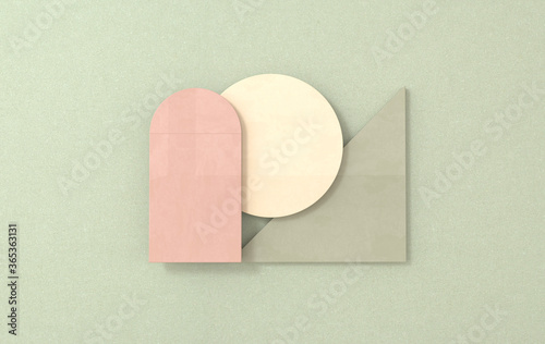 Simple geometric shapes, flat lay scene 3d render abstract business background. Pastel colors