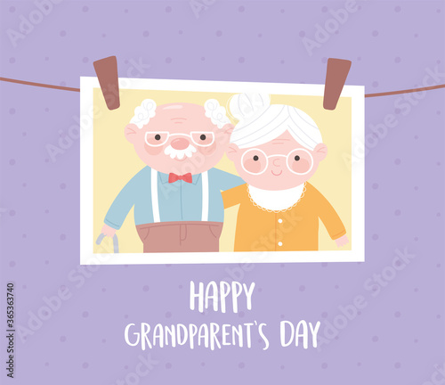 happy grandparents day, hanging photo with old couple cartoon card