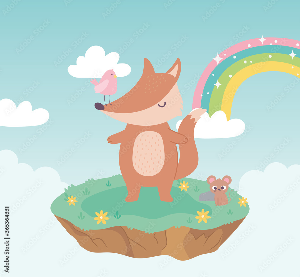 cute fox bird and mouse animals adorable with flowers and rainbow cartoon cute fox bird and mouse animals adorable with flowers and rainbow cartoon