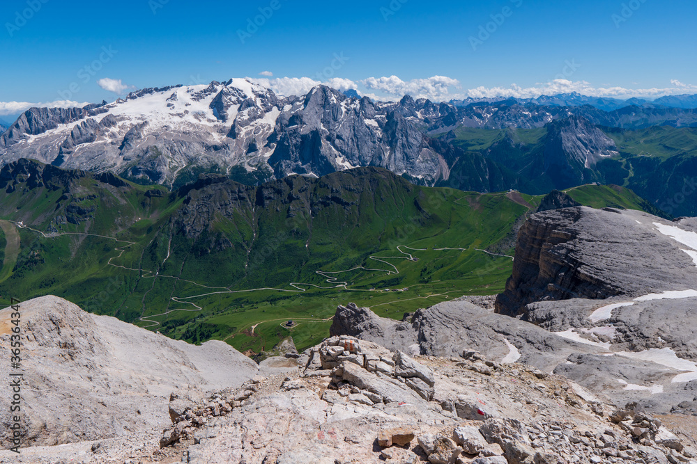 Marmolada massif, Dolomiti, Itay. Beautiful view over the Marmolada glacier and Pordoi Pass from gruppo Sella and Piz Boe peak