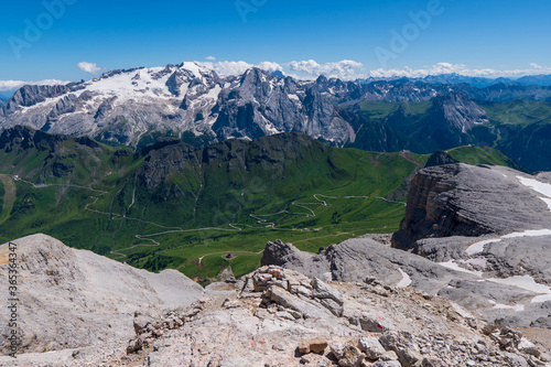 Marmolada massif, Dolomiti, Itay. Beautiful view over the Marmolada glacier and Pordoi Pass from gruppo Sella and Piz Boe peak © Martin