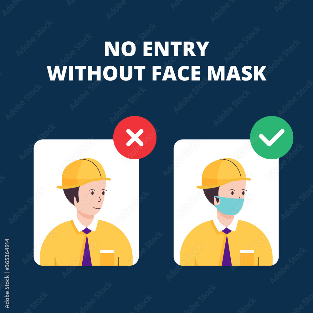 No entry without a face mask. Man worker vector illustration of forbidden entry if not wearing a face mask and keep distancing in COVID 19 pandemic. No entry without a face mask. Man worker vector illustration of forbidden entry if not wearing a face mask and keep distancing in COVID 19 pandemic.