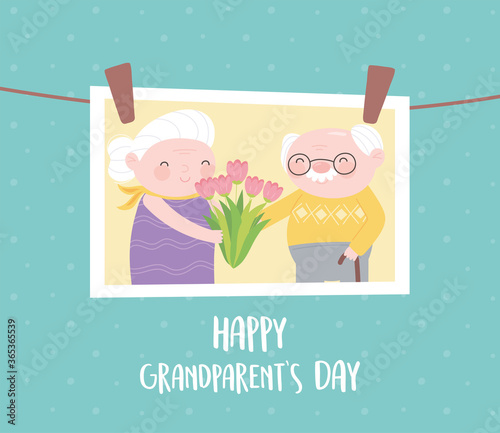 happy grandparents day, hanging photo with old couple together with flowers cartoon card