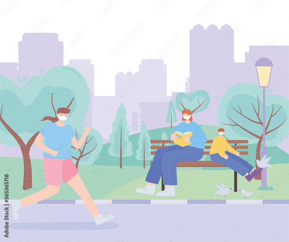 people with medical face mask, woman and boy on bench and woman running street, city activity during coronavirus people with medical face mask, woman and boy on bench and woman running street, city activity during coronavirus
