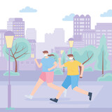 people with medical face mask, girl and boy running in the street, city activity during coronavirus