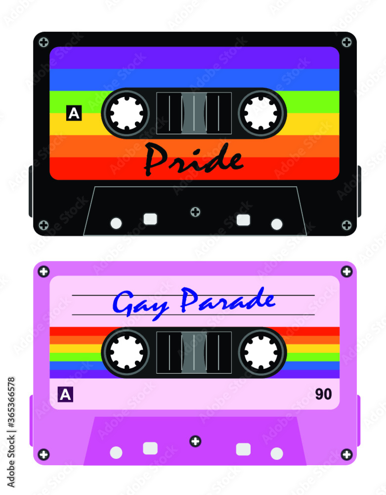 Ilustracao vetor cassette tapes gay, fitas k7, cassete, gay, lgbt, pride, gay parade, lgbtq, lesbica, bissexual, homossexual, musica, fitas, arco iris, rainbow, vintage, fita cassete, stereo