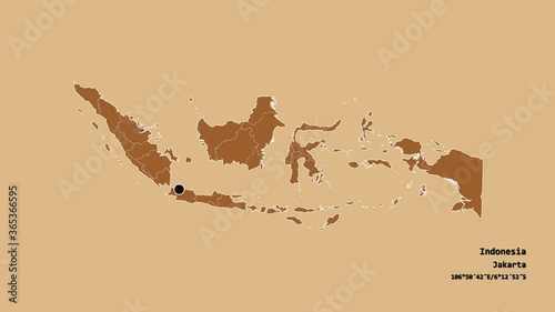 Bengkulu, province of Indonesia, with its capital, localized, outlined and zoomed with informative overlays on a solid patterned map in the Stereographic projection. Animation 3D photo