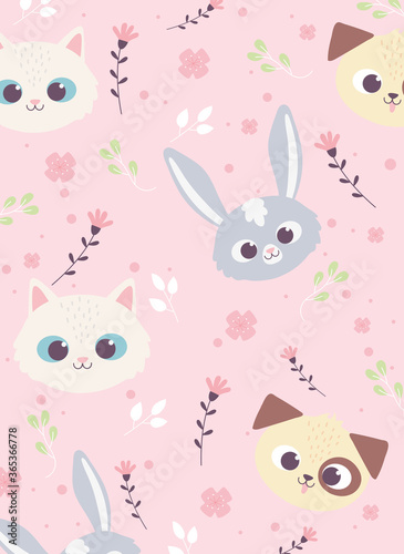 cute animals faces rabbit cat dog flowers floral decoraiton background