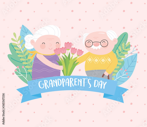 happy grandparents day, funny grandma and grandpa with flowers cartoon card