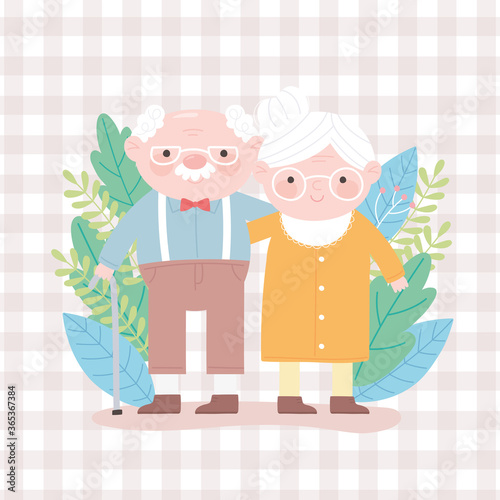 happy grandparents day, grandpa grandma together leaves foliage character cartoon card