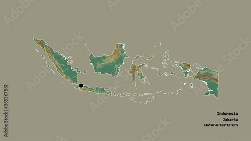 Jawa Tengah, city of Indonesia, with its capital, localized, outlined and zoomed with informative overlays on a relief map in the Stereographic projection. Animation 3D photo