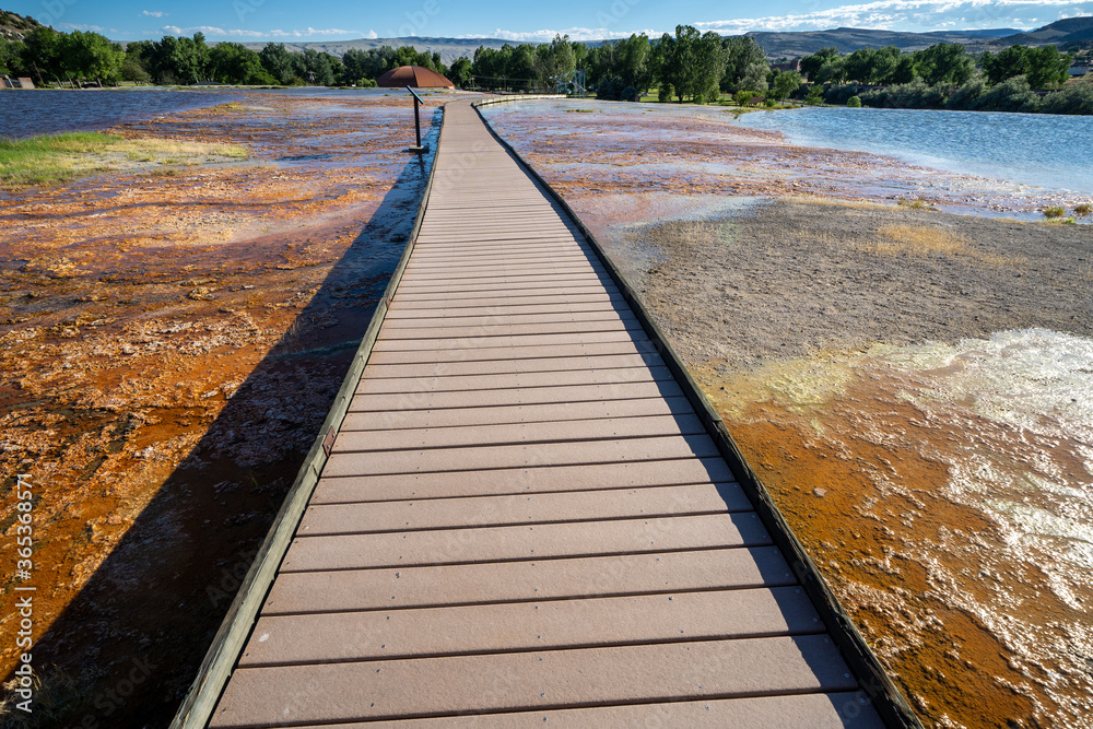 Boardwalk over the hot springs mineral terraces of Hot Springs State Park in Thermopolis, Wyoming