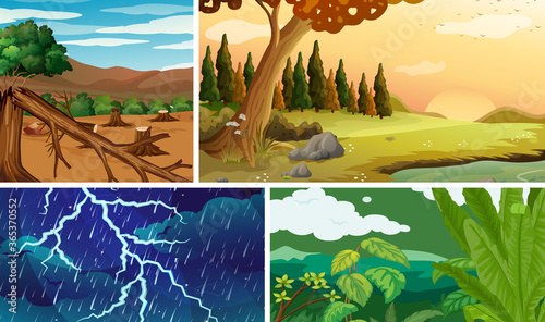 Four different natural disaster scenes of forest cartoon style © GraphicsRF