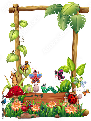 Blank wood frame template with animal garden set isolated