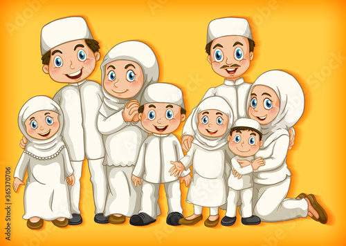 Muslim family member on cartoon character colour gradient background