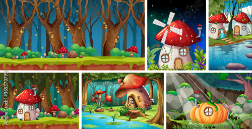 Six different scene of fantasy world with fantasy vilage and forest at night scene