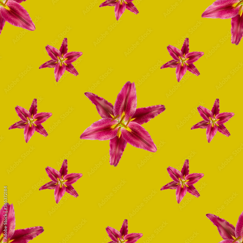 Fototapeta premium Seamless botanical pattern with magenta lily flowers on vivid yellow background