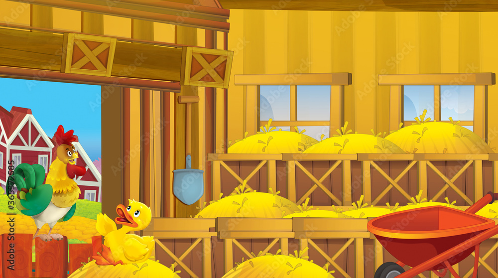 Cartoon scene with wooden chicken coop for hen and duck and eggs