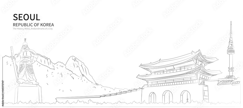 Seoul cityscape line vector. sketch style south korea landmark illustration 