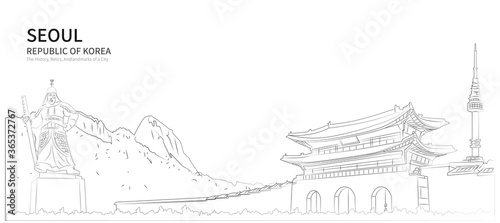 Seoul cityscape line vector. sketch style south korea landmark illustration  photo