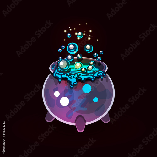 Vector game icon. A witch's cauldron of boiling bright blue potion. Isolated object on a black background. Interface element, GUI. Magic rite, foaming elixir, divination, witchcraft, fantasy world.