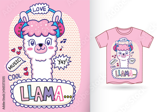 Cute llama cartoon illustration for t shirt