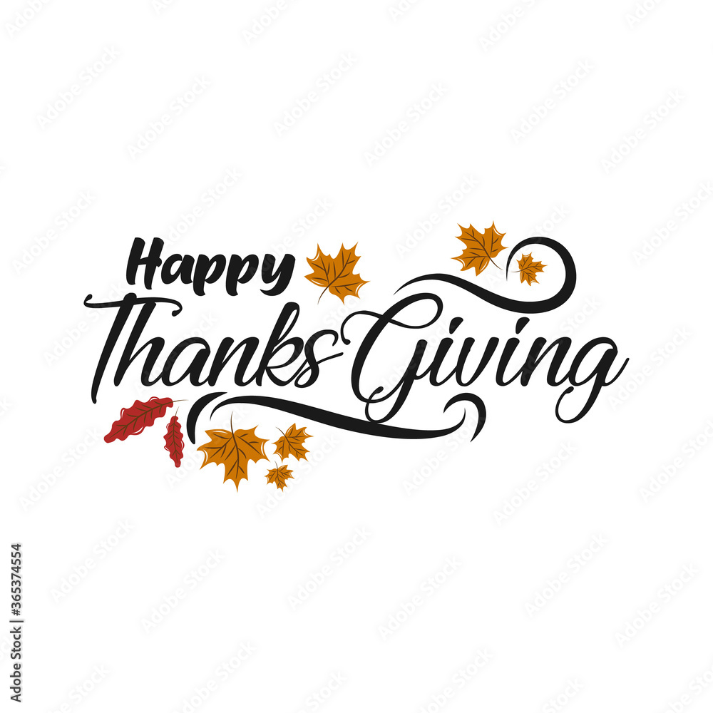 Happy thanksgiving day with autumn leaves. Hand drawn text lettering for Thanksgiving Day