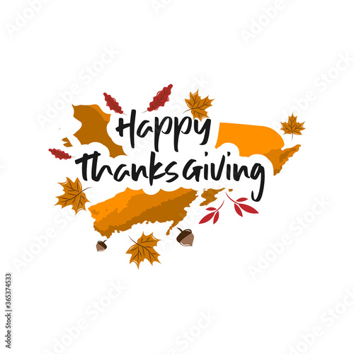 Happy thanksgiving day with autumn leaves. Hand drawn text lettering for Thanksgiving Day