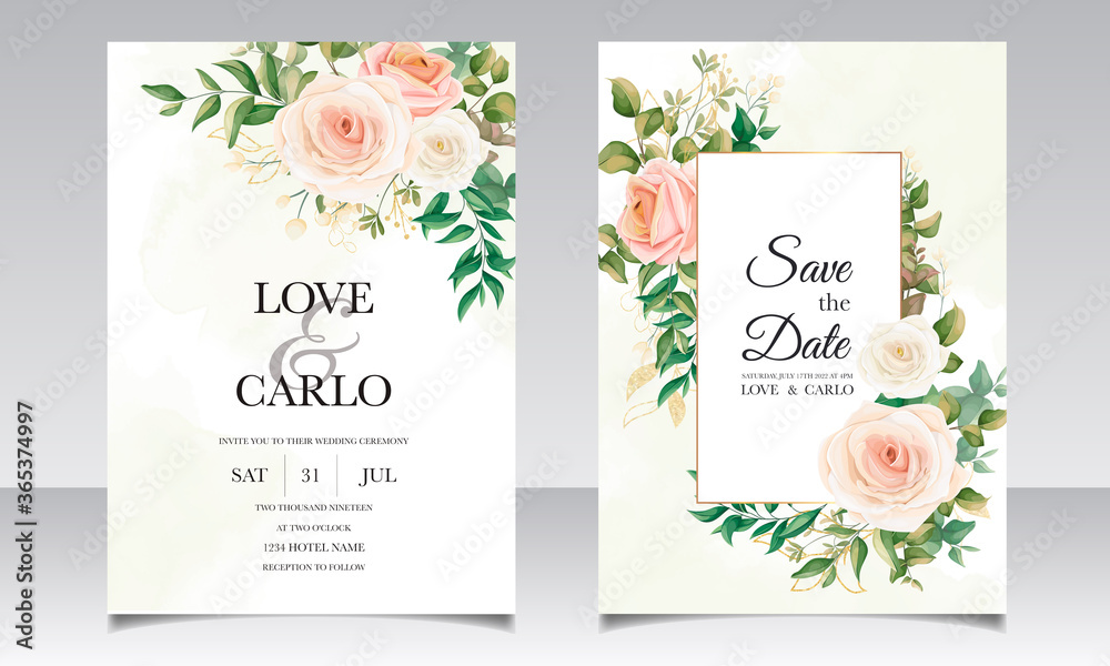Beautiful floral frame wedding invitation card template - obrazy, fototapety, plakaty 