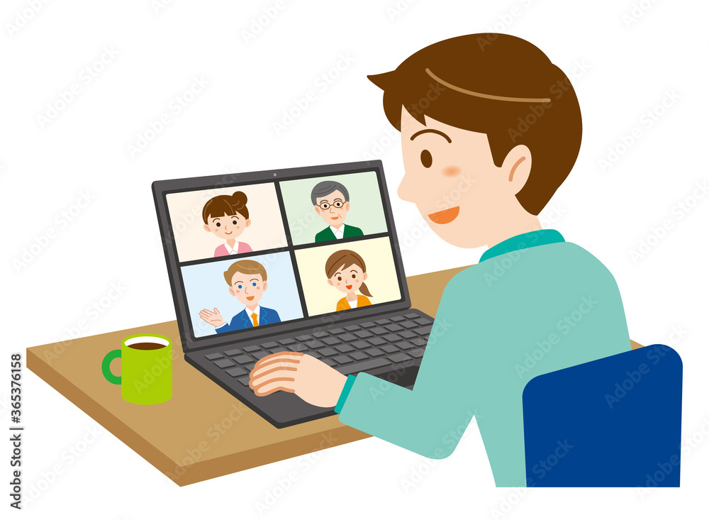 自宅のノートパソコンでオンライン会議に参加する男性のイラスト 白背景 Vector De Stock Adobe Stock