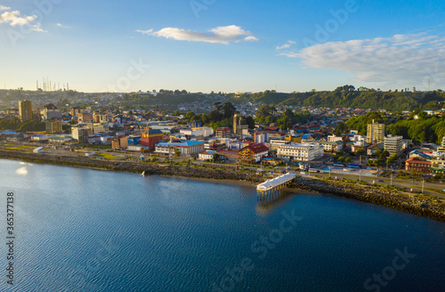 aerial view from the bay to the downtown of the city of Puerto Montt. you can see the square and its pier