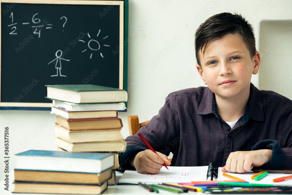 Schoolboy boy sits at a table with a notebook and textbooks.