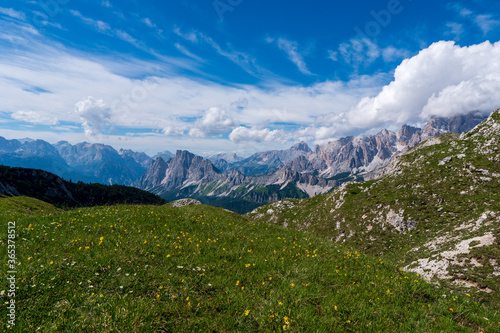 Morning panoramic view of Cima Ambrizzola  Croda da Lago and Le Tofane Gruppe  Dolomites mountains  Italy  in spring meadow