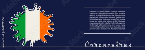 Abstract virus silhouette and Coronavirus text in thin line style. Coronavirus virus danger relative illustration. Medical research theme. Virus epidemic alert. Flag of the Ireland