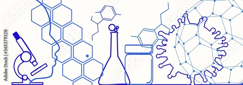 Medical industry, biotechnology and biochemistry. Scientific medical designs. Virus diseases relative theme. Human head silhouette. Thin lines style banner