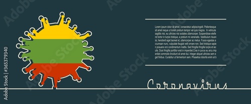 Abstract virus silhouette and Coronavirus text in thin line style. Coronavirus virus danger relative illustration. Medical research theme. Virus epidemic alert. Flag of the Lithuania