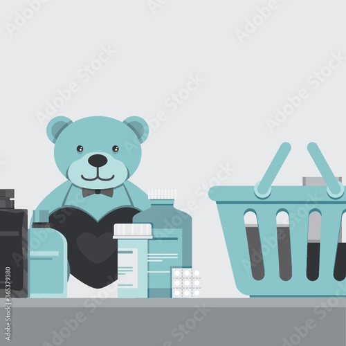 teddy bear medicines perfumes and basket