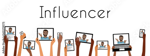 Social Media Influencer man entertains multiracial followers with hands holding devices