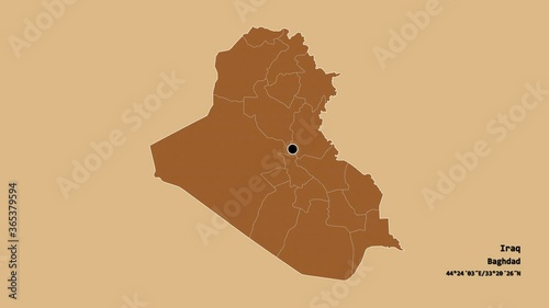 Diyala, province of Iraq, with its capital, localized, outlined and zoomed with informative overlays on a solid patterned map in the Stereographic projection. Animation 3D photo