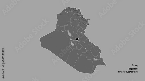 Karbala', province of Iraq, with its capital, localized, outlined and zoomed with informative overlays on a bilevel map in the Stereographic projection. Animation 3D photo