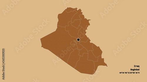 Sala ad-Din, province of Iraq, with its capital, localized, outlined and zoomed with informative overlays on a solid patterned map in the Stereographic projection. Animation 3D photo