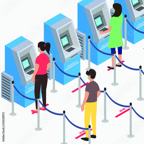 Peoples are keeping their distance while lining at ATM
