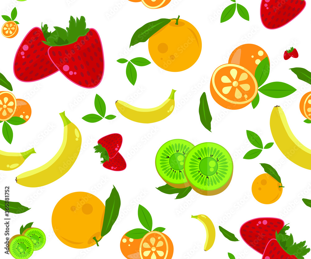 Strawberry, banana, orange, kiwi and leaves fruits pattern illustration vector on transparent background. Strawberry, banana, orange, kiwi and leaves fruits pattern illustration vector on transparent background.