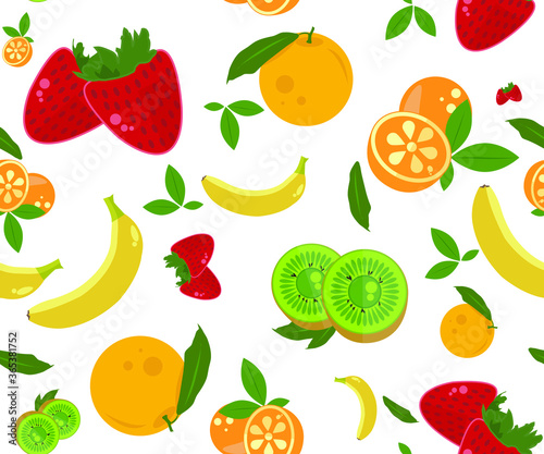 Fototapeta Naklejka Na Ścianę i Meble -  Strawberry, banana, orange, kiwi and leaves fruits pattern illustration vector on transparent background.