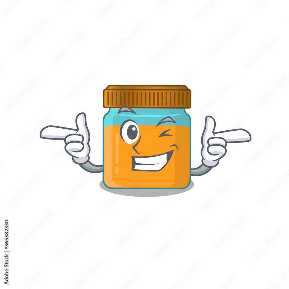 Cartoon design of honey jar showing funny face with wink eye Cartoon design of honey jar showing funny face with wink eye