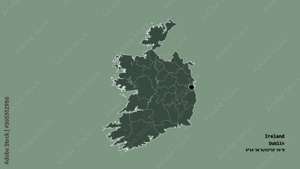 Kerry, county of Ireland, with its capital, localized, outlined and zoomed with informative overlays on a administrative map in the Stereographic projection. Animation 3D Kerry, county of Ireland, with its capital, localized, outlined and zoomed with informative overlays on a administrative map in the Stereographic projection. Animation 3D